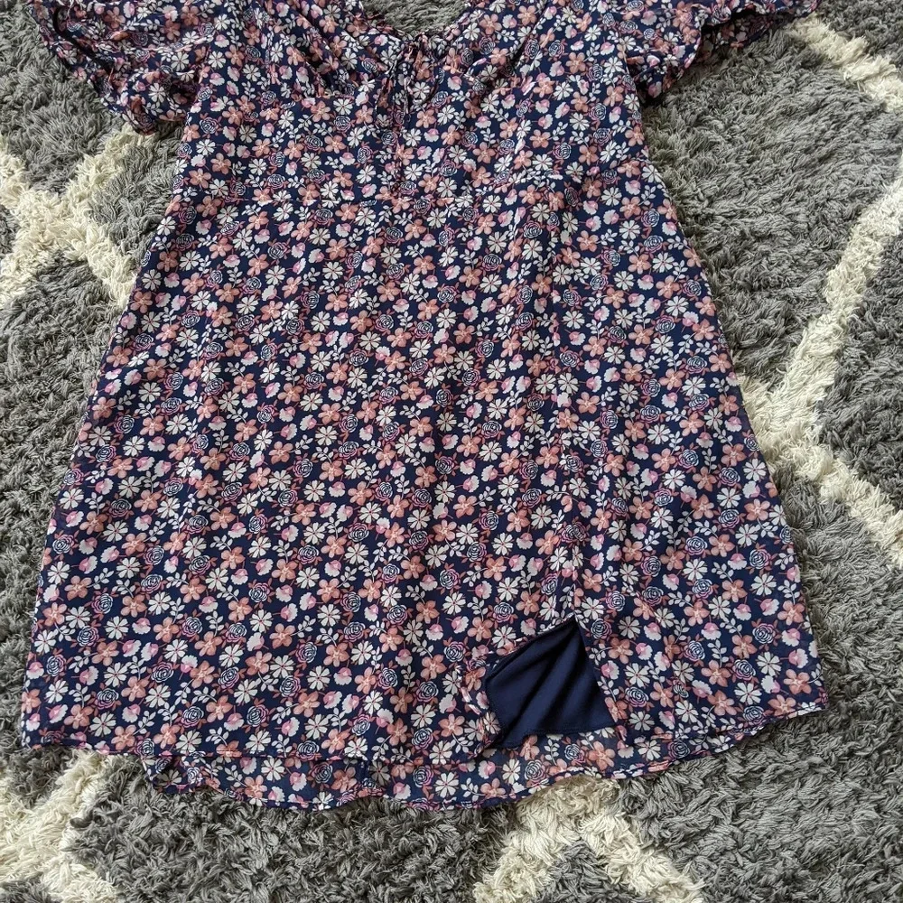 B. Smart Navy and Blush Off the Shoulder Fit and Flare Floral Print Mini Dress